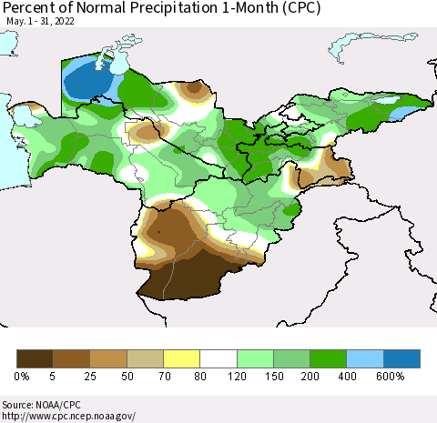 Central Asia Percent of Normal Precipitation 1-Month (CPC) Thematic Map For 5/1/2022 - 5/31/2022
