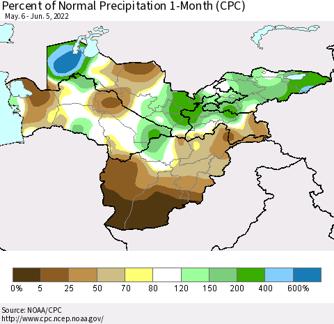 Central Asia Percent of Normal Precipitation 1-Month (CPC) Thematic Map For 5/6/2022 - 6/5/2022