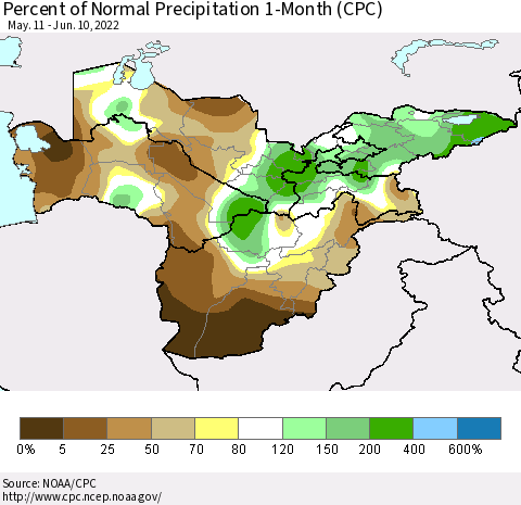 Central Asia Percent of Normal Precipitation 1-Month (CPC) Thematic Map For 5/11/2022 - 6/10/2022