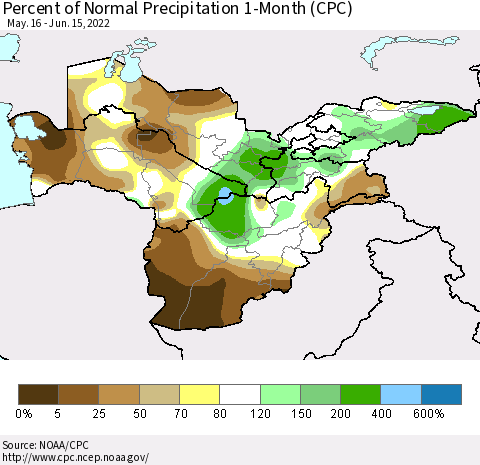 Central Asia Percent of Normal Precipitation 1-Month (CPC) Thematic Map For 5/16/2022 - 6/15/2022