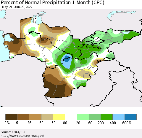 Central Asia Percent of Normal Precipitation 1-Month (CPC) Thematic Map For 5/21/2022 - 6/20/2022