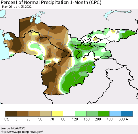 Central Asia Percent of Normal Precipitation 1-Month (CPC) Thematic Map For 5/26/2022 - 6/25/2022