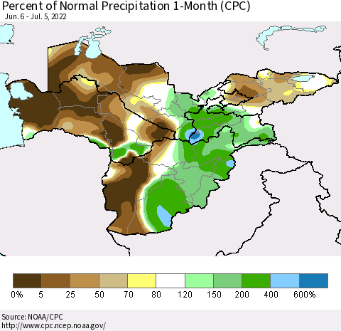 Central Asia Percent of Normal Precipitation 1-Month (CPC) Thematic Map For 6/6/2022 - 7/5/2022