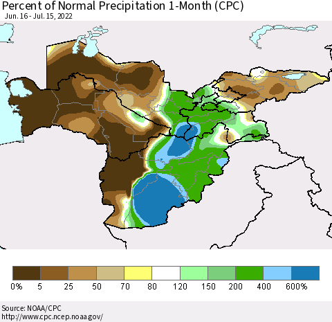 Central Asia Percent of Normal Precipitation 1-Month (CPC) Thematic Map For 6/16/2022 - 7/15/2022