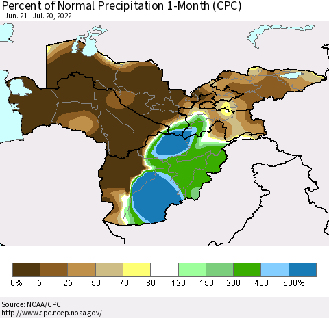 Central Asia Percent of Normal Precipitation 1-Month (CPC) Thematic Map For 6/21/2022 - 7/20/2022