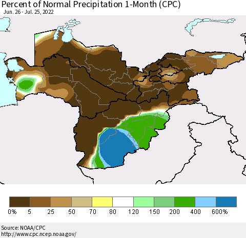 Central Asia Percent of Normal Precipitation 1-Month (CPC) Thematic Map For 6/26/2022 - 7/25/2022