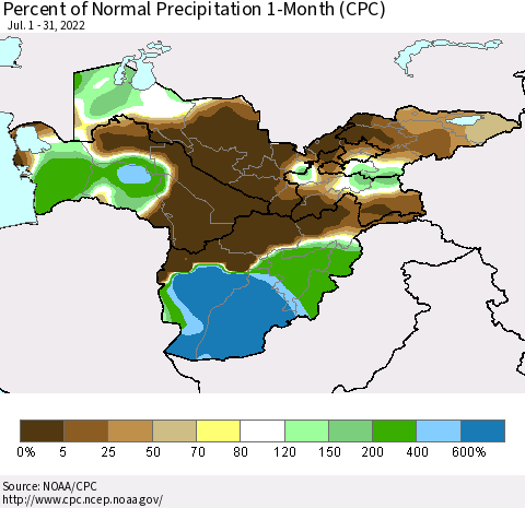 Central Asia Percent of Normal Precipitation 1-Month (CPC) Thematic Map For 7/1/2022 - 7/31/2022
