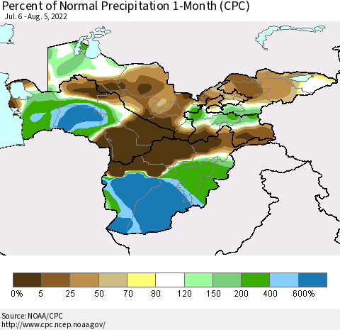 Central Asia Percent of Normal Precipitation 1-Month (CPC) Thematic Map For 7/6/2022 - 8/5/2022