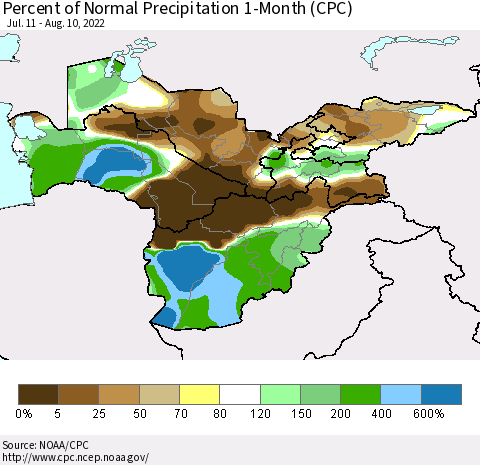 Central Asia Percent of Normal Precipitation 1-Month (CPC) Thematic Map For 7/11/2022 - 8/10/2022