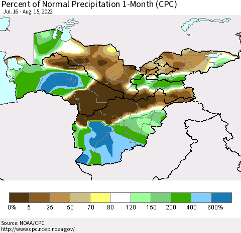 Central Asia Percent of Normal Precipitation 1-Month (CPC) Thematic Map For 7/16/2022 - 8/15/2022