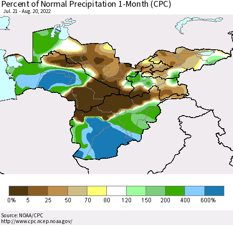 Central Asia Percent of Normal Precipitation 1-Month (CPC) Thematic Map For 7/21/2022 - 8/20/2022