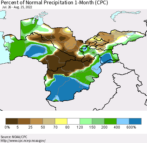 Central Asia Percent of Normal Precipitation 1-Month (CPC) Thematic Map For 7/26/2022 - 8/25/2022