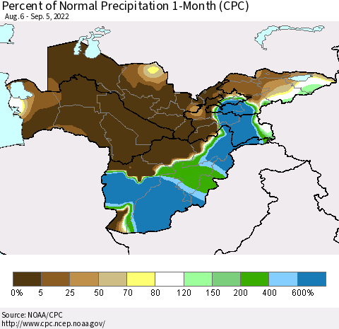 Central Asia Percent of Normal Precipitation 1-Month (CPC) Thematic Map For 8/6/2022 - 9/5/2022