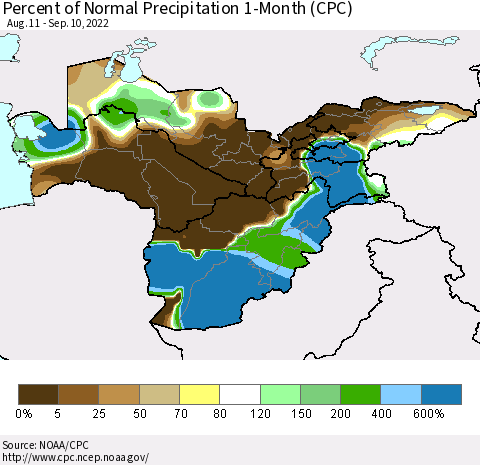 Central Asia Percent of Normal Precipitation 1-Month (CPC) Thematic Map For 8/11/2022 - 9/10/2022