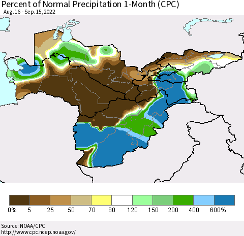 Central Asia Percent of Normal Precipitation 1-Month (CPC) Thematic Map For 8/16/2022 - 9/15/2022