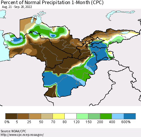 Central Asia Percent of Normal Precipitation 1-Month (CPC) Thematic Map For 8/21/2022 - 9/20/2022