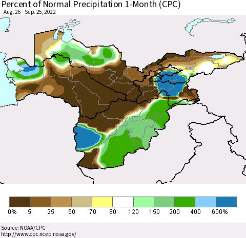 Central Asia Percent of Normal Precipitation 1-Month (CPC) Thematic Map For 8/26/2022 - 9/25/2022