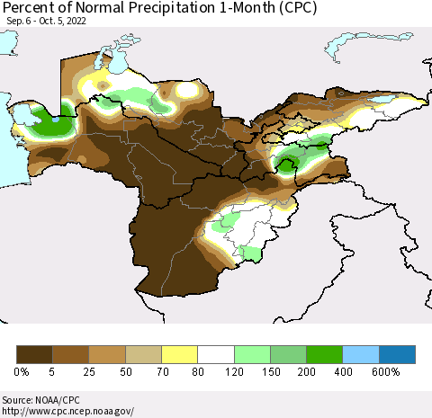 Central Asia Percent of Normal Precipitation 1-Month (CPC) Thematic Map For 9/6/2022 - 10/5/2022