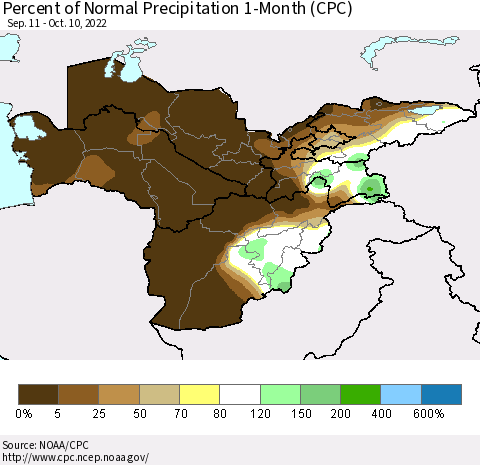 Central Asia Percent of Normal Precipitation 1-Month (CPC) Thematic Map For 9/11/2022 - 10/10/2022