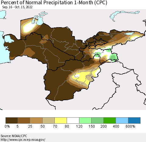 Central Asia Percent of Normal Precipitation 1-Month (CPC) Thematic Map For 9/16/2022 - 10/15/2022