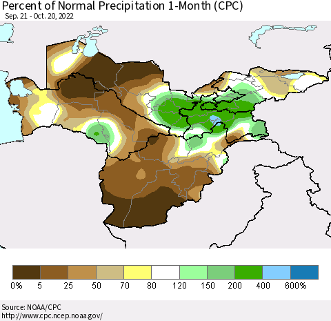 Central Asia Percent of Normal Precipitation 1-Month (CPC) Thematic Map For 9/21/2022 - 10/20/2022