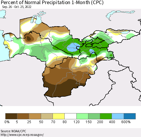 Central Asia Percent of Normal Precipitation 1-Month (CPC) Thematic Map For 9/26/2022 - 10/25/2022