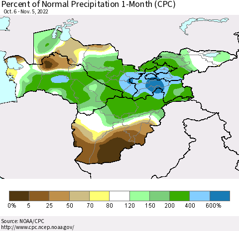Central Asia Percent of Normal Precipitation 1-Month (CPC) Thematic Map For 10/6/2022 - 11/5/2022