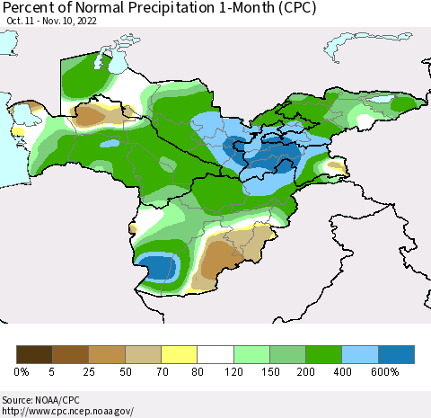 Central Asia Percent of Normal Precipitation 1-Month (CPC) Thematic Map For 10/11/2022 - 11/10/2022