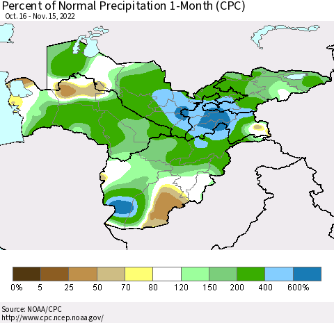 Central Asia Percent of Normal Precipitation 1-Month (CPC) Thematic Map For 10/16/2022 - 11/15/2022