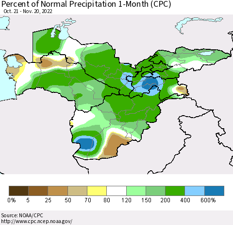 Central Asia Percent of Normal Precipitation 1-Month (CPC) Thematic Map For 10/21/2022 - 11/20/2022