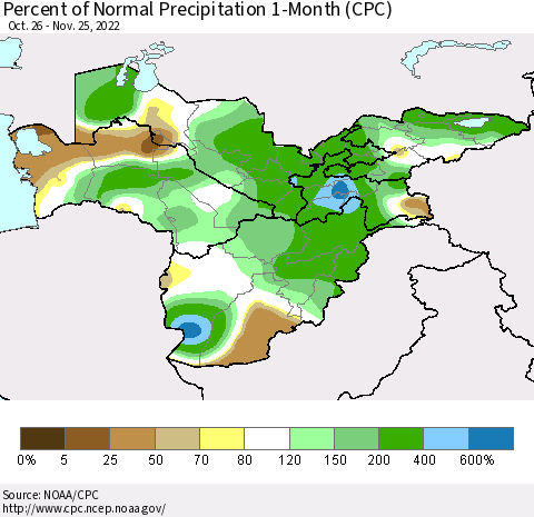 Central Asia Percent of Normal Precipitation 1-Month (CPC) Thematic Map For 10/26/2022 - 11/25/2022