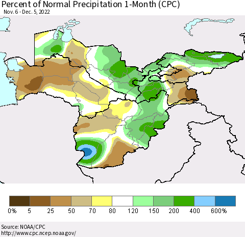 Central Asia Percent of Normal Precipitation 1-Month (CPC) Thematic Map For 11/6/2022 - 12/5/2022