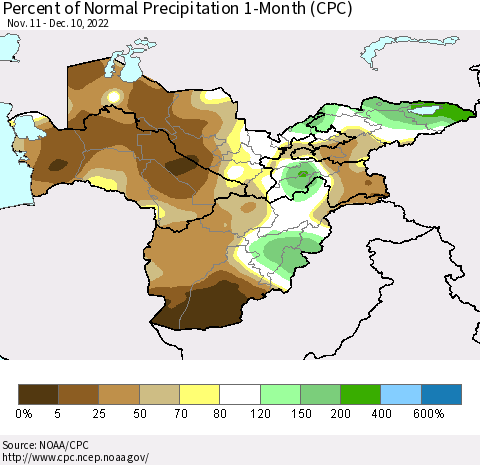 Central Asia Percent of Normal Precipitation 1-Month (CPC) Thematic Map For 11/11/2022 - 12/10/2022