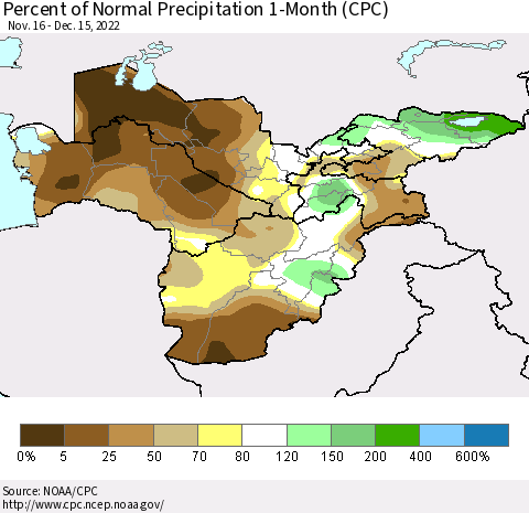 Central Asia Percent of Normal Precipitation 1-Month (CPC) Thematic Map For 11/16/2022 - 12/15/2022