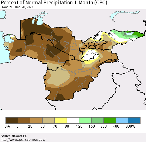 Central Asia Percent of Normal Precipitation 1-Month (CPC) Thematic Map For 11/21/2022 - 12/20/2022