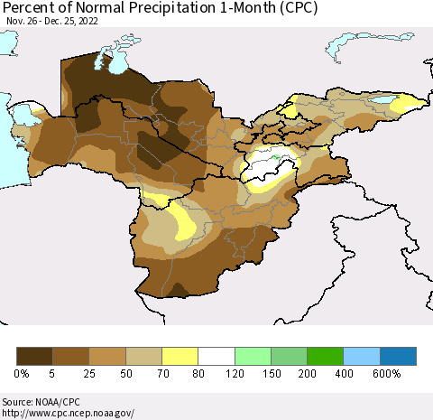 Central Asia Percent of Normal Precipitation 1-Month (CPC) Thematic Map For 11/26/2022 - 12/25/2022