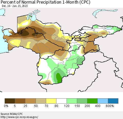 Central Asia Percent of Normal Precipitation 1-Month (CPC) Thematic Map For 12/16/2022 - 1/15/2023