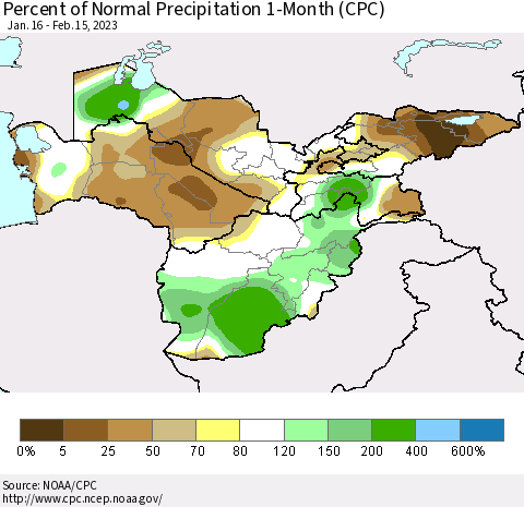 Central Asia Percent of Normal Precipitation 1-Month (CPC) Thematic Map For 1/16/2023 - 2/15/2023