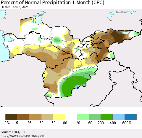 Central Asia Percent of Normal Precipitation 1-Month (CPC) Thematic Map For 3/6/2023 - 4/5/2023