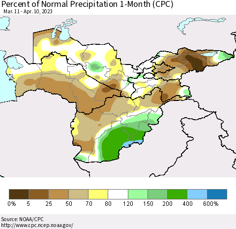 Central Asia Percent of Normal Precipitation 1-Month (CPC) Thematic Map For 3/11/2023 - 4/10/2023