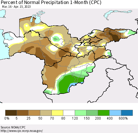 Central Asia Percent of Normal Precipitation 1-Month (CPC) Thematic Map For 3/16/2023 - 4/15/2023