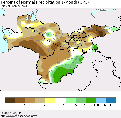 Central Asia Percent of Normal Precipitation 1-Month (CPC) Thematic Map For 3/21/2023 - 4/20/2023