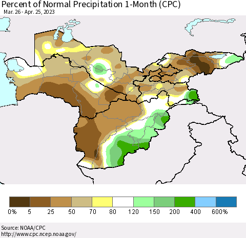 Central Asia Percent of Normal Precipitation 1-Month (CPC) Thematic Map For 3/26/2023 - 4/25/2023