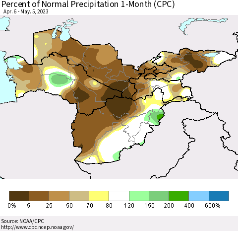 Central Asia Percent of Normal Precipitation 1-Month (CPC) Thematic Map For 4/6/2023 - 5/5/2023