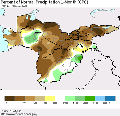 Central Asia Percent of Normal Precipitation 1-Month (CPC) Thematic Map For 4/11/2023 - 5/10/2023