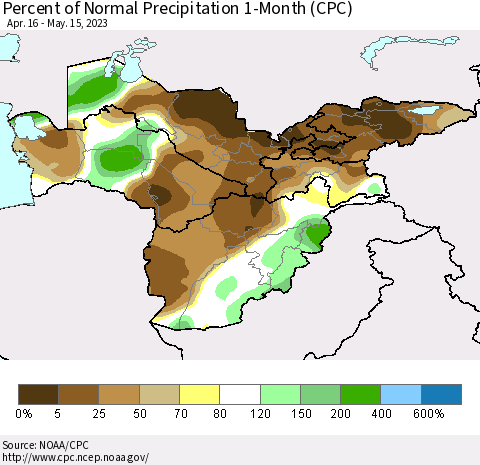 Central Asia Percent of Normal Precipitation 1-Month (CPC) Thematic Map For 4/16/2023 - 5/15/2023