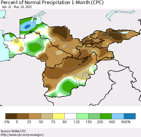 Central Asia Percent of Normal Precipitation 1-Month (CPC) Thematic Map For 4/21/2023 - 5/20/2023