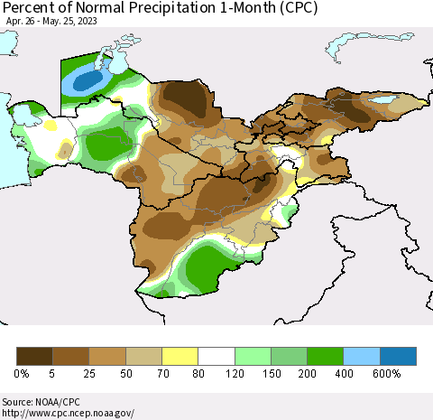 Central Asia Percent of Normal Precipitation 1-Month (CPC) Thematic Map For 4/26/2023 - 5/25/2023