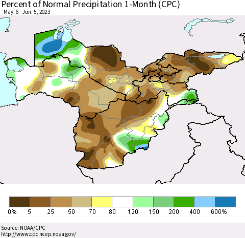 Central Asia Percent of Normal Precipitation 1-Month (CPC) Thematic Map For 5/6/2023 - 6/5/2023