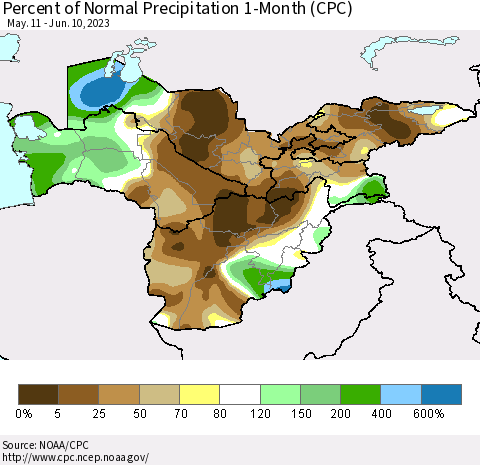 Central Asia Percent of Normal Precipitation 1-Month (CPC) Thematic Map For 5/11/2023 - 6/10/2023